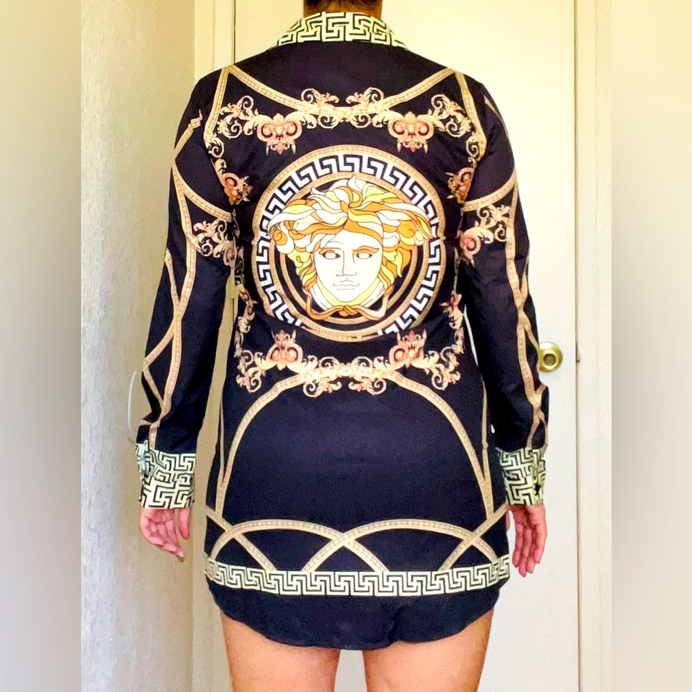 Vintage versace style medusa head chain link black button shirt dress